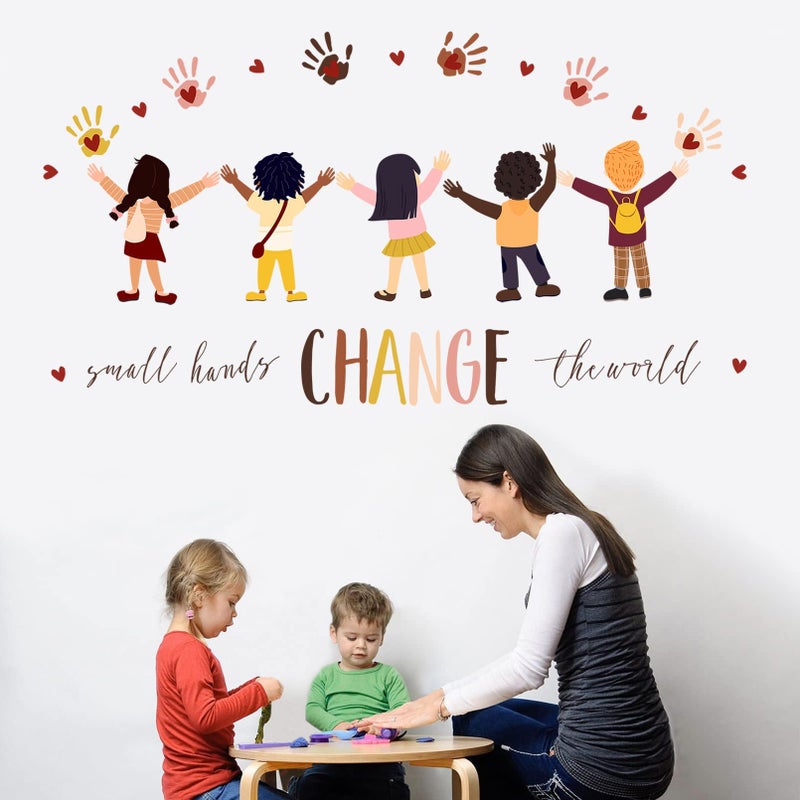 Mfault Inspirational Small Hands Change The World Handprint Wall Decals Stickers, Diversity Inclusion Equality Nursery Decorations Bedroom Playroom Classroom Art, Neutral Toddler Kids Room Decor - Image 3
